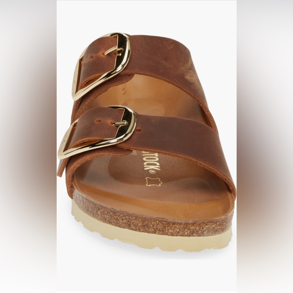 Birkenstock Arizona Big Buckle Slide Sandal in Antique Cognac Oil Leather